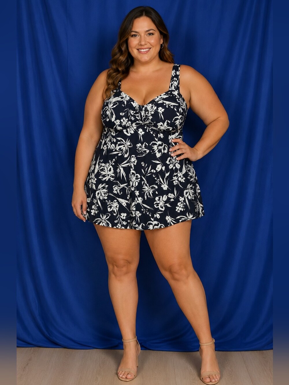 Plus Size Black Floral Swim Dress Top Only